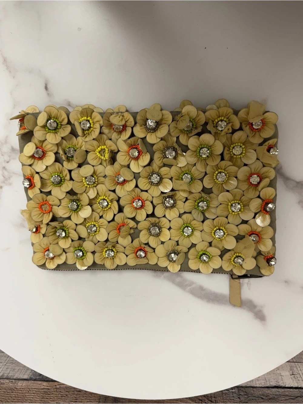 No Label Beige Floral Embellished Zip Pouch OS